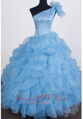 Exclusive Ball Gown Little Girl Pageant Dress One Shoulder Floor-length Aqua Blue Organza Beading  Pageant Dresses