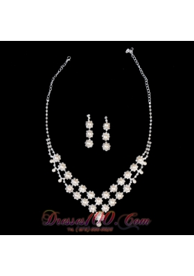 Elegant Pearl With Rhinestone Wedding Jewelry Set Including Necklace And Earrings