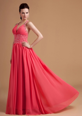 Watermelon Prom Dress With Beaded Halter Chiffon