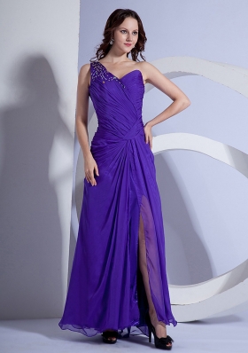 One Shoulder and Beading Ruch For Purple Prom Dress