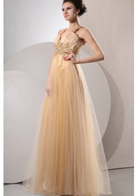 A-line Gold Straps Appliques and Ruching Floor-length Organza Prom Dress