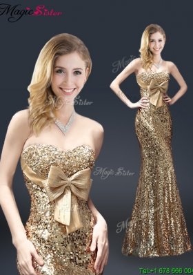 2016 Fall Column Sequins Prom Dresses with Bowknot in Gold