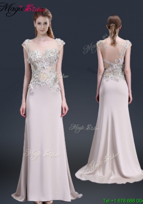 Luxurious Brush Train Cap Sleeves Prom Dresses with Appliques