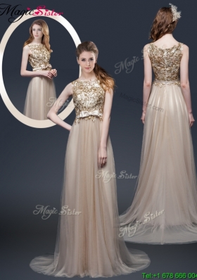 Luxurious Brush Train Prom Dresses with Appliques and Bowknot