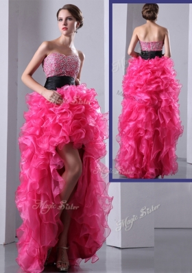 Exquisite High Low Hot Pink Prom Dress with Ruffles