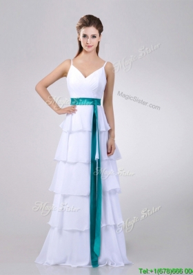 Lovely White Prom Dress with Ruffled Layers and Turquoise Belt