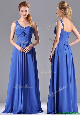 Column Chiffon Beading and Ruching Blue Prom Dress with One Shoulder