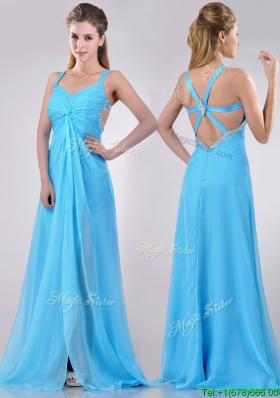 Luxurious Straps Criss Cross Beaded Long Prom Dress in Baby Blue