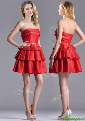 New Arrivals Red Strapless Prom Dress with Ruffled Layers and Beading