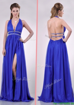 New Halter Top Blue Backless Prom Dress with Beading and High Slit