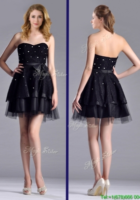 New Style Tulle Black Short Prom Dress with Beading and Belt