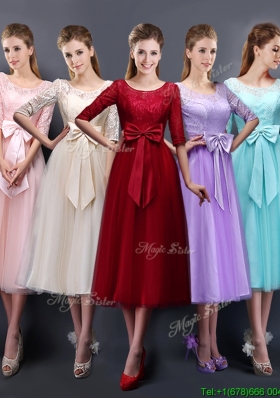 2016 Wonderful See Through Scoop Half Sleeves Prom Dresses  with Bowknot