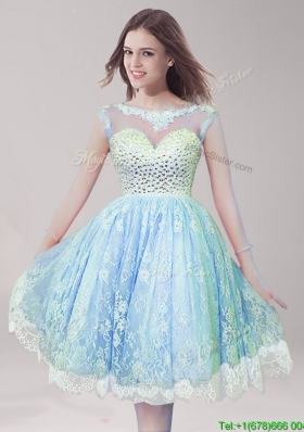 2016 Cheap Scoop Light Blue Prom Dress with Beading and Lace