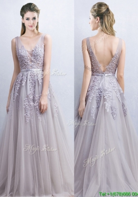 Gorgeous V Neck Grey Backless Prom Dress with Appliques and Belt