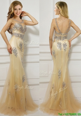 Popular Scoop Cap Sleeves Champagne Prom Dress with Beading