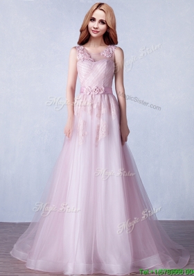 2016 See Through Scoop Brush Train Prom Dress with Appliques and Hand Made Flowers