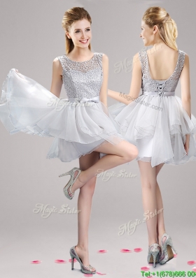 See Through Scoop Grey Short Prom Dress with Lace and Bowknot