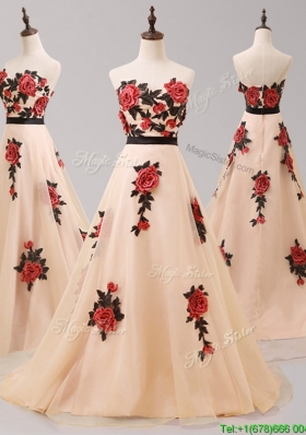 Beautiful Hand Made Flowers and Belted Prom Dress with Brush Train
