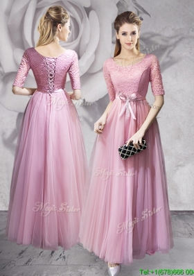 Luxurious Laced and Bowknot Long Prom Dress with Half Sleeves
