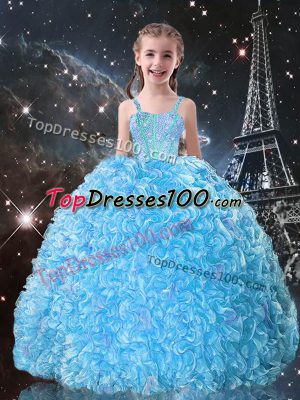 Beauteous Sleeveless Organza Floor Length Lace Up Child Pageant Dress in Aqua Blue with Beading and Ruffles
