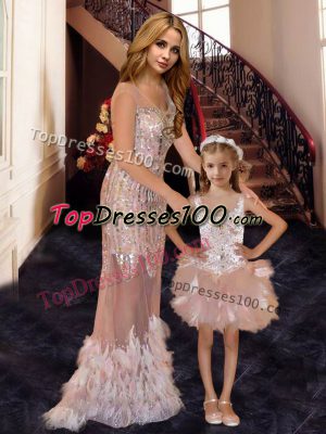 Great Pink Tulle Zipper Prom Dress Sleeveless With Brush Train Beading and Ruffles and Sequins