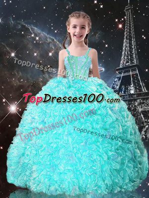 Attractive Turquoise Ball Gowns Straps Sleeveless Organza Floor Length Lace Up Beading and Ruffles Kids Pageant Dress