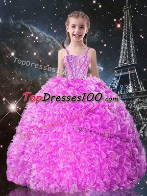 New Arrival Fuchsia Organza Lace Up Kids Formal Wear Sleeveless Floor Length Beading and Ruffles