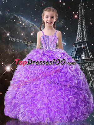 Superior Lilac Sleeveless Floor Length Beading and Ruffles Lace Up Kids Formal Wear