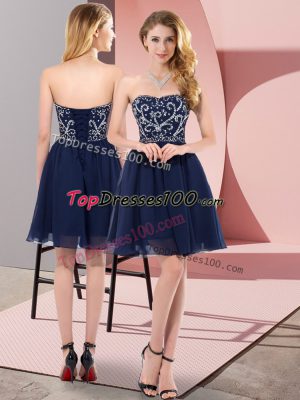 Edgy Navy Blue Sleeveless Mini Length Beading Lace Up Prom Evening Gown