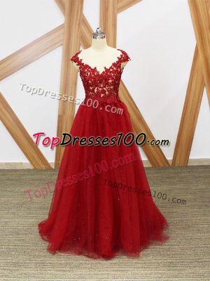 Comfortable Red Sleeveless Floor Length Lace and Appliques Criss Cross Prom Gown