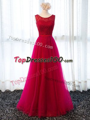 Flare Fuchsia Scoop Lace Up Beading and Belt Evening Dress Sleeveless