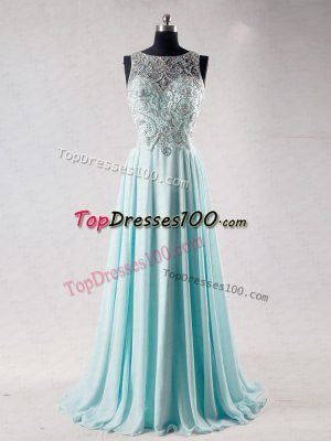 Suitable Sleeveless Brush Train Beading Zipper Prom Dresses