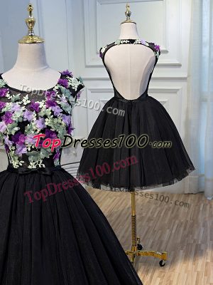 A-line Prom Evening Gown Black Scoop Tulle Sleeveless Mini Length Backless