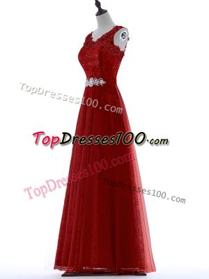 Custom Design Red Tulle Zipper Homecoming Dress Short Sleeves Floor Length Beading and Lace