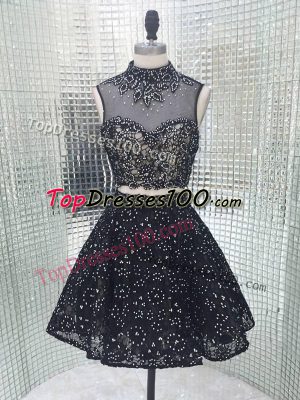 Custom Design Beading and Lace and Appliques Prom Dress Black Backless Sleeveless Mini Length