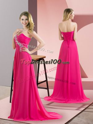 High End Sweetheart Sleeveless Prom Dresses Floor Length Beading Hot Pink Chiffon