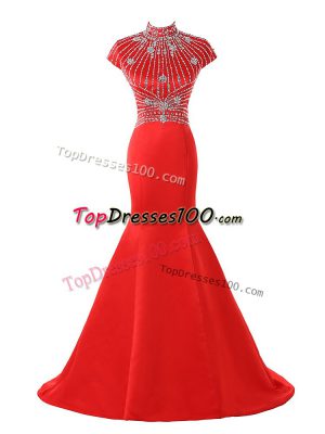 Zipper Juniors Evening Dress Coral Red for Prom and Military Ball with Beading Sweep Train