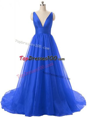 Royal Blue Sleeveless Brush Train Ruching Prom Party Dress