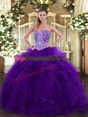 Custom Design Purple Sleeveless Beading and Ruffles Floor Length Quinceanera Gowns