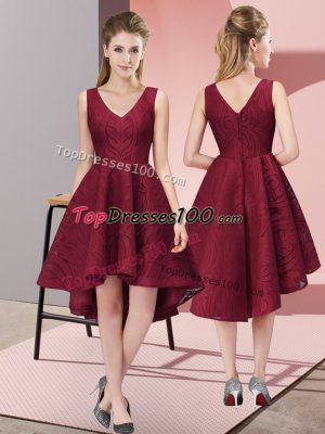 Captivating Sleeveless Lace High Low Zipper Dama Dress in Burgundy with Lace