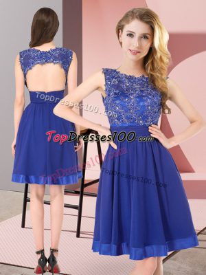 Inexpensive Royal Blue Chiffon Backless Dama Dress for Quinceanera Sleeveless Mini Length Beading and Appliques