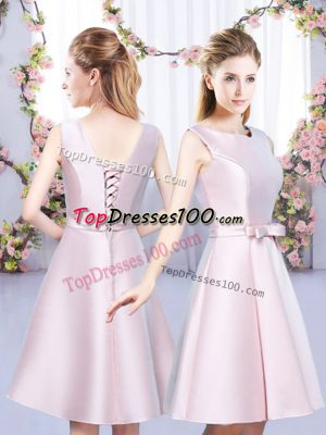 Adorable Baby Pink A-line Satin Scoop Sleeveless Bowknot Mini Length Lace Up Vestidos de Damas