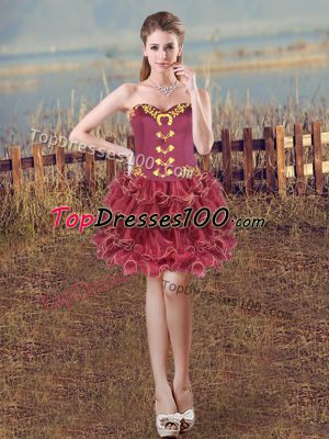 Unique Burgundy Sleeveless Embroidery and Ruffles Mini Length Homecoming Dress