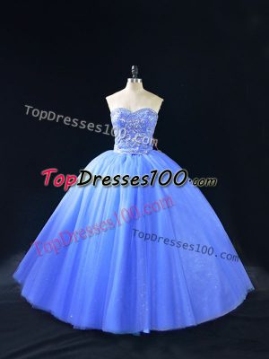 Exceptional Blue Tulle Lace Up Quinceanera Dresses Sleeveless Floor Length Beading