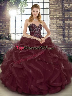 Cute Beading and Ruffles Quinceanera Gown Burgundy Lace Up Sleeveless Floor Length