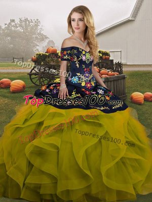 Attractive Off The Shoulder Sleeveless Lace Up Sweet 16 Quinceanera Dress Olive Green Tulle