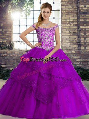 Adorable Sleeveless Beading and Lace Lace Up 15th Birthday Dress with Purple Brush Train