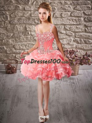 Watermelon Red Ball Gowns Straps Sleeveless Organza Mini Length Lace Up Beading and Ruffled Layers Evening Dress