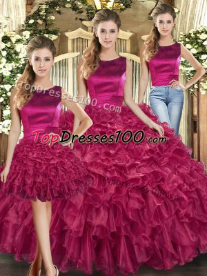 Fuchsia Organza Lace Up Scoop Sleeveless Floor Length Sweet 16 Dresses Ruffles