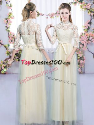 Floor Length Empire Half Sleeves Champagne Quinceanera Dama Dress Zipper